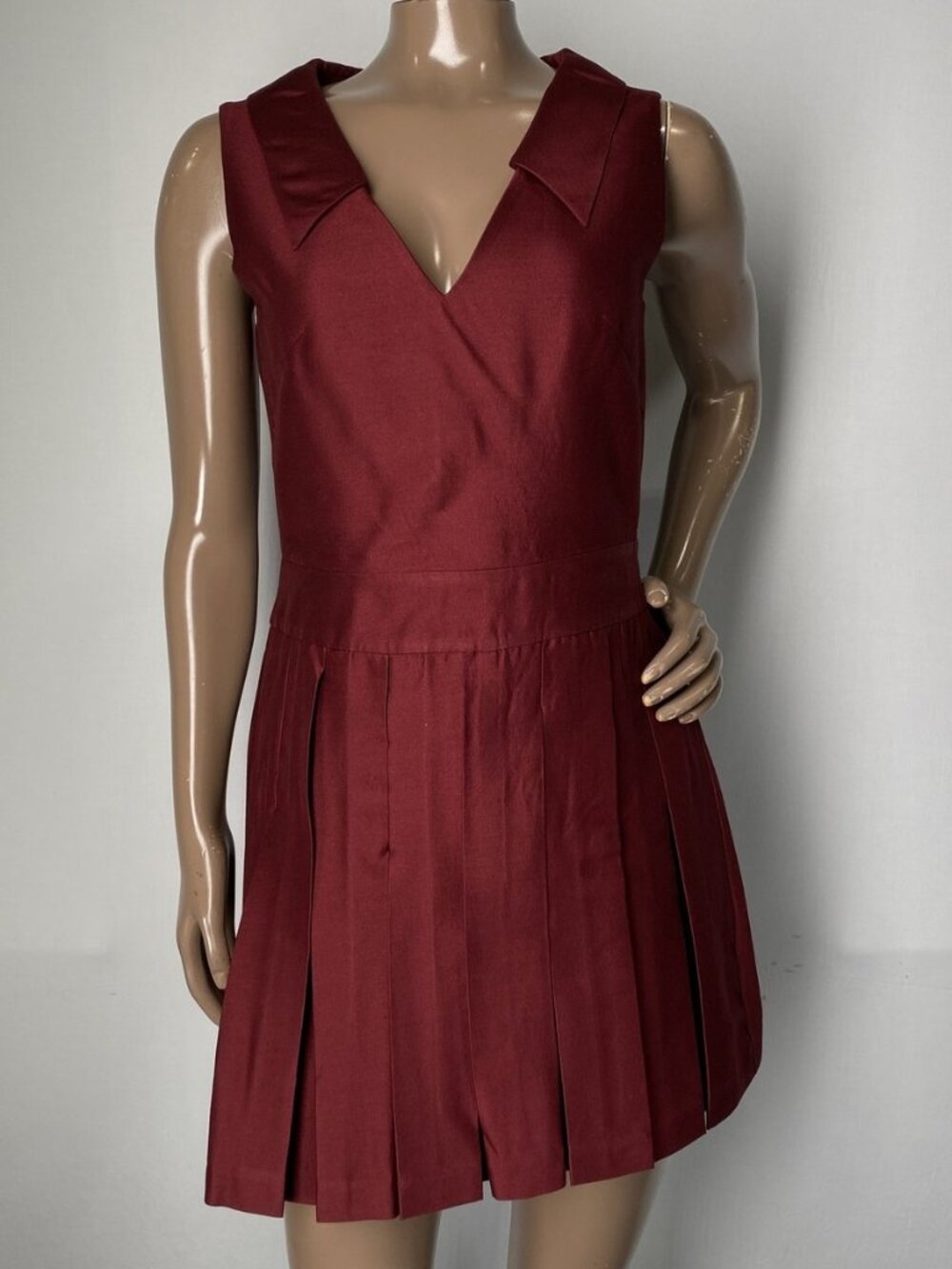 Shushu/Tong Womens Mini Dress Burgundy Red Size 10 Lapel Pleated V-Neck Collared